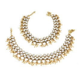 Duel On Jewel Indian Bridal Anklet Payal Set for Women, White Kundan and Crystal Rhinestones, Layered Design with Dangling Beads, Gold Plated, Inner Circle Length 8.19 Inch, Wedding, Dance, Party