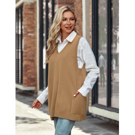 Niwicee Womens Sweater Vest Loose Knitted Sleeveless Jumpers Tank Top Knitwear V-Neck Vintage Knit Pullover Waistcoat with 2 Pockets(Khaki,S)