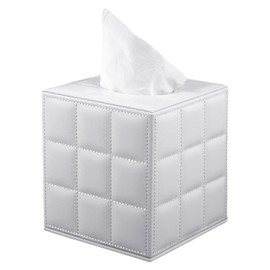 RHCSZ Tissue Box Cover Square,Stylish PU Leather Tissue Box Holder for Dresser Bathroom,Facial Tissue Holder with Magnetic Bottom for Home Office (White)