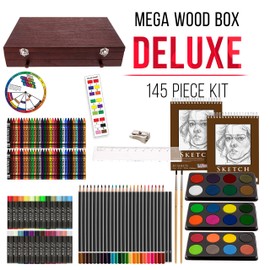 U.S. Art Supply Mega Art Set: 143-Piece Wooden Case, 2 Sketch Pads, 24 Watercolors, 24 Oil Pastels, 24 Colored Pencils, 60 Crayons