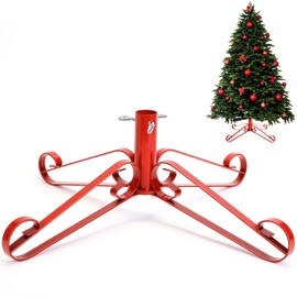 Foilswirl Christmas Tree Stand for Artificial Fake Tree Holder 4 to 8 FT Iron Metal Adjuatable Xmas Tree Base with Thumb Screw Indoor Outdoor Holiday Party Decor Fits Up to 1.4" Tree Trunk (Red)