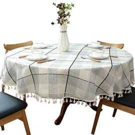 Dimatic Heavy Weight Cotton Linen Tablecloth, Plaid Tassel Round Table Cover for Kitchen Dining Room Small Table(2 Seats), Round - 48", Grey Check