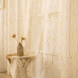 Deeprove Cortinas traslúcidas color beige de 63 pulgadas de largo, 2 paneles de rama, estampado metálico para recámara, sala de estar, decoración abstracta artística de Navidad, juego de pares de tratamiento de ventana, bolsillo para barra, 52 pulgadas d