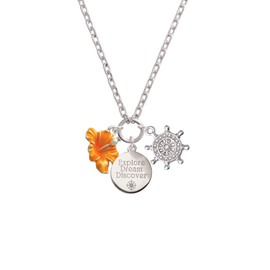 Delight Jewelry Silvertone Hot Orange Hibiscus Flower Explore Dream Discover Zoey Charm Necklace, 28"