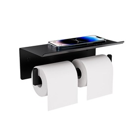Double Toilet Paper Holder with Shelf, FreshGlow Tissue Holder Matte Black, Wall Mount Commercial Toilet Paper Dispenser Phone Shelf Stainless Steel, Tissue Roll for Bathroom
