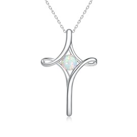 BEILIN Cross Necklace for Women 925 Sterling Silver Celtic Faith Pendant Opal Sideways Cross Necklace Christian Religious Jewelry Baptism Gifts