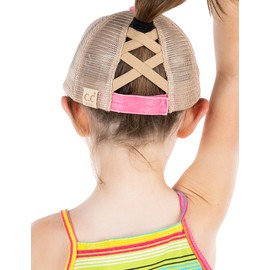 Funky Junque Kids Ponytail Hat Girl's Criss Cross Mesh Trucker Baseball Cap for Ages 4-12 Pink One Size, Lake Life