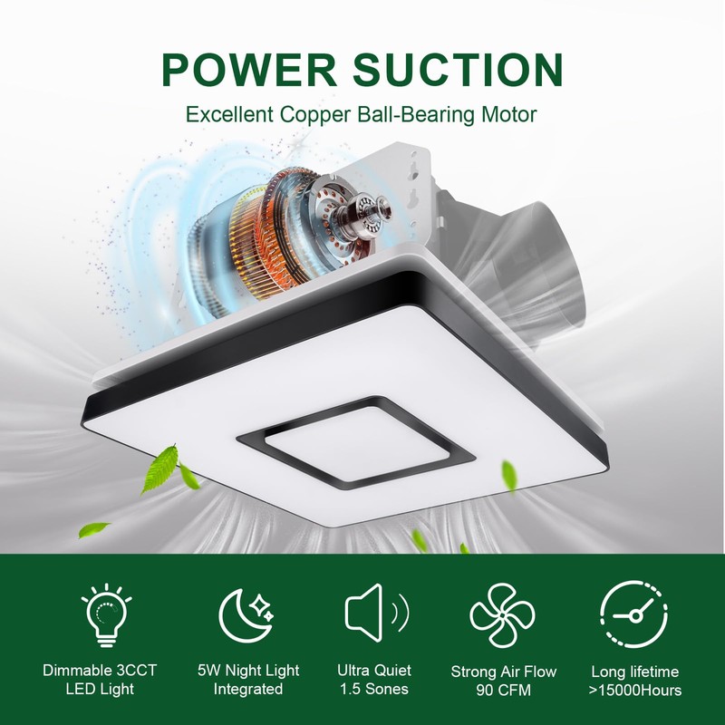 Akicon Exhaust Fan with Light Combo, 90 CFM, 1.5 Sones,15W