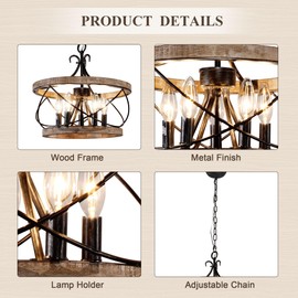 16“ Farmhouse Chandelier Light Fixture, 5-Light French Country Wood Chandelier Rustic Drum Light Fixture Over Table for Kitchen Island Dining Room Entryway