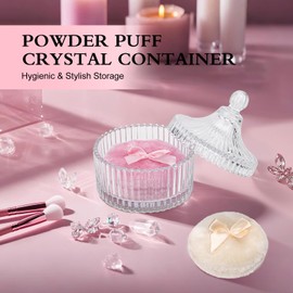 3 Pieces Large Body Powder Puff & Premium Clear Glass Container Set - Thick Velour Face/Body Applicator, Decorative Vanity Storage, Hypoallergenic Washable for Loose Talcum Powder