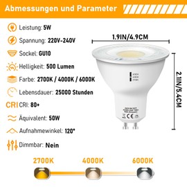 Jaenmsa GU10 LED Bulbs 5 W 500 LM, Warm White 2700 K Neutral White 4000 K Cool White 6000 K, 3 Colour Temperature Adjustable LED Spotlight, Not Dimmable, 230 V LED Bulbs Pack of 6