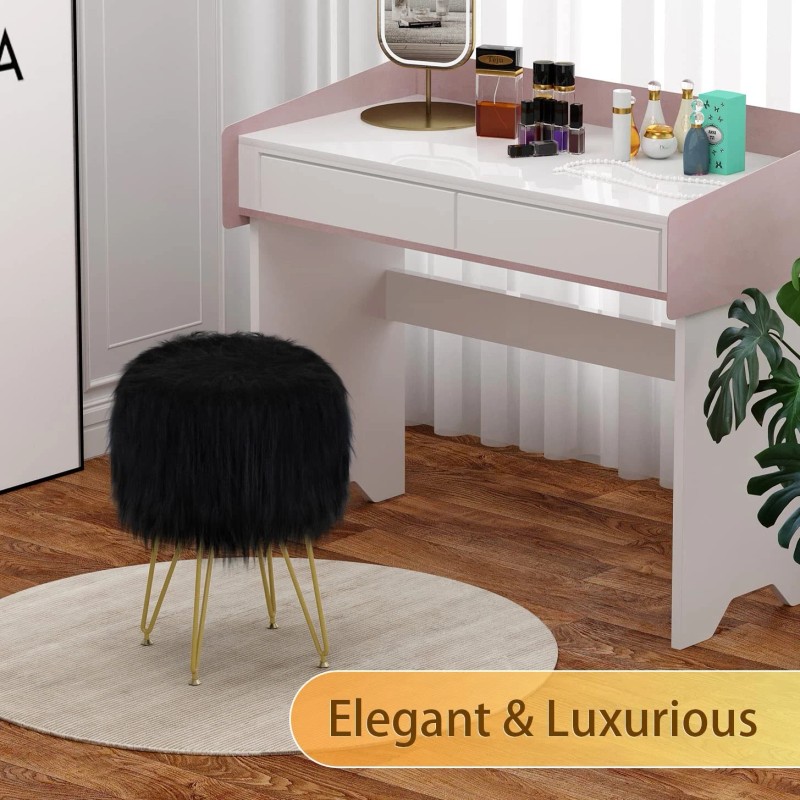 Runlexi Vanity Stool Chair with Storage, Faux Fur Makeup Room