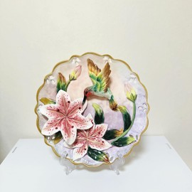 Minigift Ceramic Collections Plate, 3D Hand-Painted Hummingbird and Flower Decorative Hanging Plate with Display Stand-D 8inch