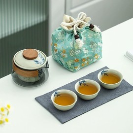 Floral-Themed Portable Tea Set, 1 Ceramic Teapot and 3 Mini Cups, Tea Gift for Tea Lovers (Bamboo)