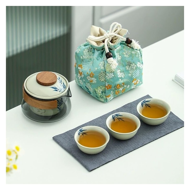 Floral-Themed Portable Tea Set, 1 Ceramic Teapot and 3 Mini