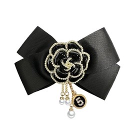 Camellia Flower Pre-Tied Big Bow Tassel Brooch Pin for Women Girls CZ Faux Pearl Lucky Number Five Chain Dangle Charm Fabric Pins Clip Lapel Elegant Jewelry Gifts for Sweater Dress Suit (Black)