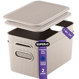 Decorative Plastic Storage Baskets with Lids, Medium Taupe (2 Pack) Stackable Organiser Baskets with Lids, Container Boxes, Organization, Cupboard Shelves, Kitchen, Ribbed Design, 5 Litre