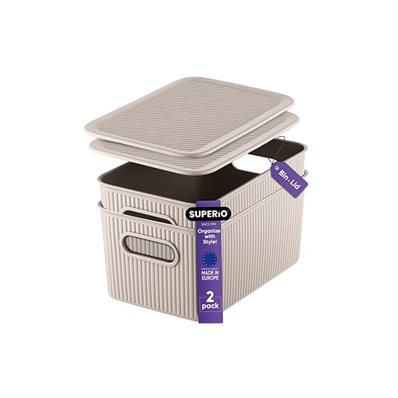 Decorative Plastic Storage Baskets with Lids, Medium Taupe (2 Pack)