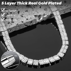 WORFAJEW 8MM Baguette Tennis Necklaces for Men Women, Iced Out 5A+ CZ Simulated Diamond Chains 18K White Gold Plated Hip Hop Link Chain Choker Silver Men's Necklace Bling Jewelry Gift for Rappers Father boyfriend 18inch