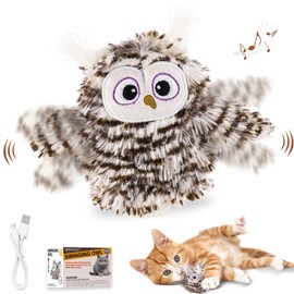 Interactive Flapping Wings Owl Cat Toys,Bird Sound Catnip Toys for Cats,Rechargeable 3 Vibration Modes Indoor cat Toy,for Prevent Boredom