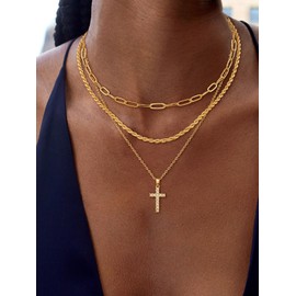 Nancomy Layered Gold Cross Necklaces for Women, Stack 14K Gold Plated Cubic Zirconia Pendant Necklace Set Dainty Choker Layering Necklaces for Women Faith Jewelry Religious Gift