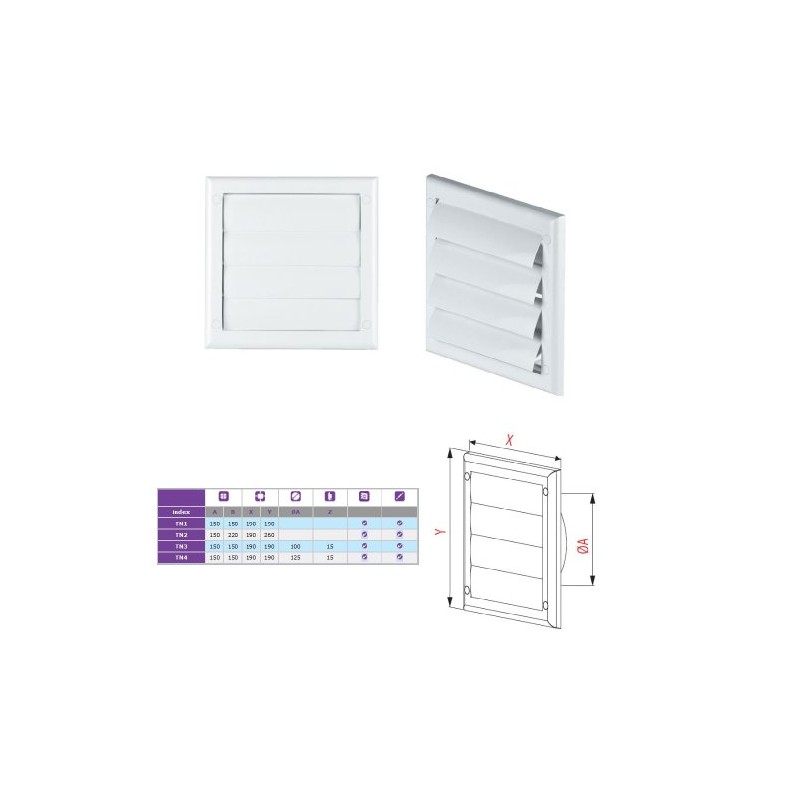 Air vent Gravity flap for 125mm duct, Plastic white(TN4)
