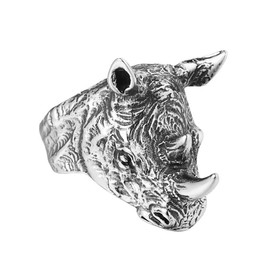 Rhino Ring for Men, Rhinoceros Ring, Stainless Steel Norse Viking Rhino Head Ring, Vintage Rhinoceros Head Totem Amulet Ring, Punk Animal Rhino Jewelry Gift for Men Boys (O)