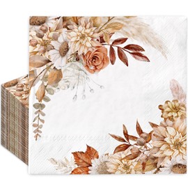 100Pcs Boho Floral Paper Napkins Flower with Leaves Disposable Napkin Rustic Fall Decorative Dinner Hand Napkin for Autumn Farmhouse Holiday Party Supplies