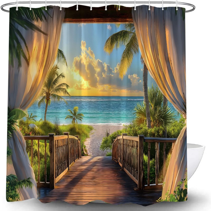 KDYDK Ocean Beach Shower Curtain Teal Orange Sea View Tropical