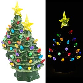 infactory Christmas Decorations: 2 Decorative Ceramic Christmas Trees with LED Lighting, Timer, 19 cm (Decorative Christmas Tree with Light, Decorative Christmas Tree Illuminated, Wireless Christmas