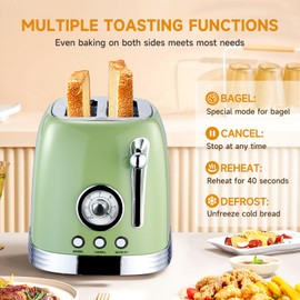 Wiltal Green Cute Retro Toaster 2 Slice with 1.58" Wide Slots, with Stainless Steel Lid, with Warming Rack, Preheat, Defrost, Countdown Timer Display
