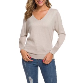 SANGTREE Women's V Neck Cashmere Blend Sweater, Batwing Long Sleeves, Fall Tops, Camel, US X-Large