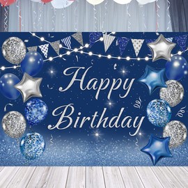 Happy Birthday Backdrop Decoration Navy Blue and Silver Glitter Balloons Star Banner Background Men Women Birthday Party Decoration Supplies