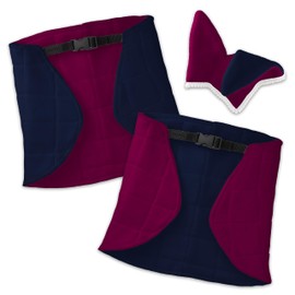 SKIPPI Hobby Horse Blanket and Ear Bonnet - Fuchsia and Navy Blue, Hobby Horse Accessories, Reversible Horse Rug and Fly Veil for Horse on a Stick