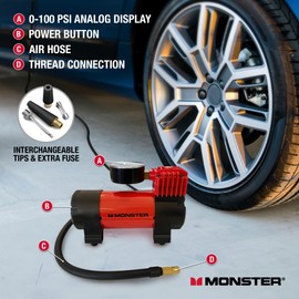 Monster 100 PSI Air Compressor, Tire Inflator, 12V DC Power, Analog Display, Interchangeable Tips, Extra Fuse (10 Foot Cord) (Without Carry Handle)