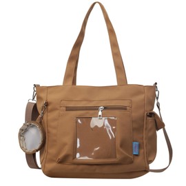 KSLAAT Pain Bag Shoulder Bag Women Large Capacity A4 Compatible Shoulder Strap Clear Window Handbag Otaku Activity Student Girls Cute Large Bag Tote Canvas School Zipper, Braun, Free size