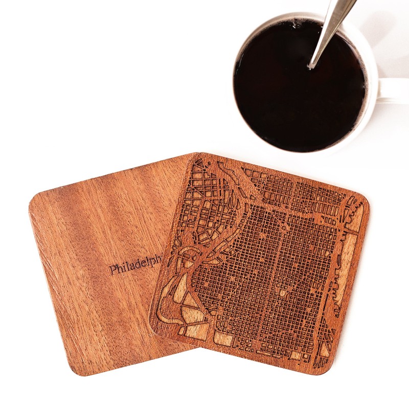 Philadelphia Map Coaster, Set of 4, Sapele Wooden Coaster with