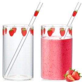 Tessco for you 2 Sets Strawberry Cups Nana Strawberry Glass Cup with Straw Glass Tumbler Drinking Cherry Clear Tumbler Berry Pattern Glasses Bottle for Juice Water Milk Coffee Tea(Lovely)