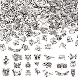 PH PandaHall 200PCS 20 Styles Tibetan Silver Beads Metal Spacer Beads Alloy Butterfly Owl Bird Dragonfly Bees Beads Charms Animal Loose Spacer Beads for DIY Women Jewelry Crafts Making Supplies