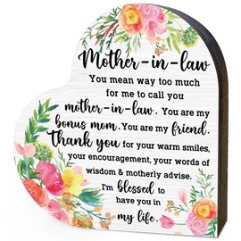Mother In Law Sign, Mother's Day Gifts for Mother In Law, Best Mom Ever Gifts from Daughter Son, Mom Birthday Christmas Gift Ideas, Valentines Day Heart Wood Block Sign for Moms (4.7" x 4.7")-C04