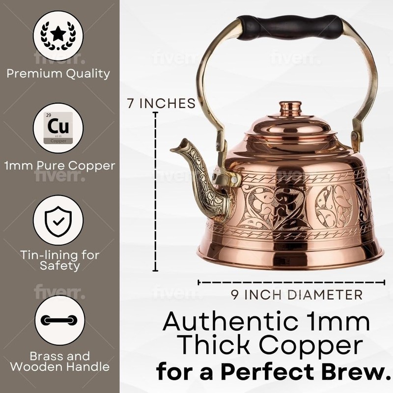 DEMMEX Heavy Gauge 1mm Thick Engraved Solid Copper Tea Pot