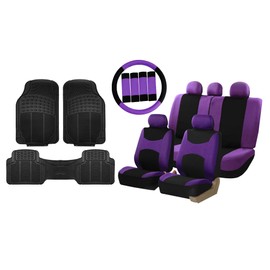FH Group Light & Breezy Cloth Full Set Car Seat Covers (Purple/Black) Combo Set: Steering Wheel Cover, Seat Belt Pads and Black Vinyl Floor Mats – Universal Fit for Cars Trucks & SUVs
