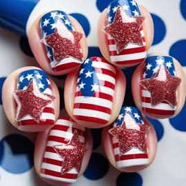 Independence Day Press on Nails Short Square Fake Nails Glossy American Flag Patriotic False Nails 24Pcs Red Glitter Star Acrylic Stick on Fingernails 4th of July Gel Glue on Nails for Women