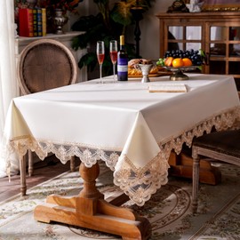 ARTABLE Vinyl Tablecloth Rectangle Waterproof Lace Table Cover with Exquisite Macrame Border for Wedding Kitchen Holidays Party Decor (Beige-2, 52 x 70 Inch)