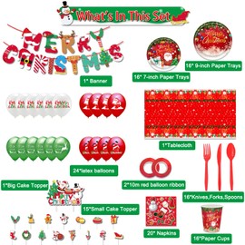 Sekeline Christmas Dinnerware Set Santa Claus Party Supplies Includes Plates Napkins Cups Knives Spoons Forks Tablecloth Balloons Banner Cupcake Toppers for Merry Christmas Party 156 Pieces
