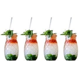 SHUVAR BAZAR Tiki Drink Glasses 17 Ounces Pineapple Glasses for Cocktails, 4 Pieces, Clear, Tropical Style Novelty Glasses, Hawaii Bar Style, Modern Bar Party Set With Picks (Pineapple 17 oz)