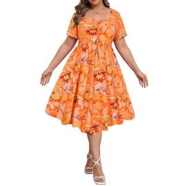 RITERA 3X Plus Size Dresses for Curvy Women Boho Floral Sweetheart Neck Short Sleeve Casual Summer Orange Midi Dress Beach Flowy A Line Sundress with Pockets 3XL 22W 24W