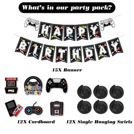 Black Video Gaming Party Decorations - Happy Birthday Banner Bunting Garland Decor for Boys Kids, Video Game Themed Hanging Swirls Parties Supplies for Children Adult