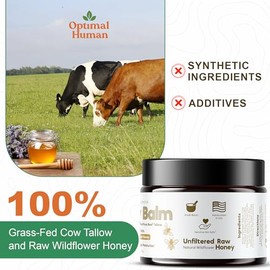 O H Optimal Human Raw Wildflower Honey Balm (2 Oz) – 100% Grass-Fed Beef Tallow Balm - Body and Face Tallow Moisturizer - Non-Comedogenic, Ultra-Clean Formula For Moisture and Hydration