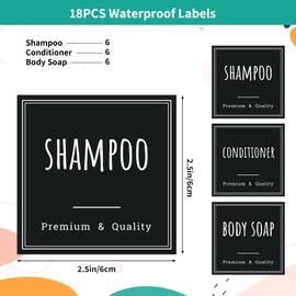 Segbeauty Soap Dispenser Labels, 18pcs Bathroom Waterproof Labels for Bottles, Black Removable Self-Adhesive Cleaning Bottle Label Stickers Printed with Shampoo Conditioner Body Soap